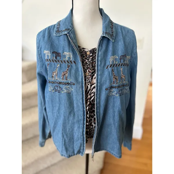 Vintage Embroidered Denim Safari Animal Jacket Leopard Vest Insert - Image 2