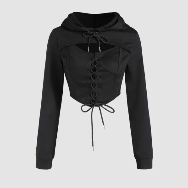 CIDER Black Goth Lace Up Corset Style Sweater Long Sleeve Cropped Top XS NWT - Image 6