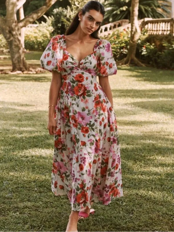 Abercrombie & Fitch Drama Puff Sleeve Maxi Dress in a vibrant red & pink floral - Image 3