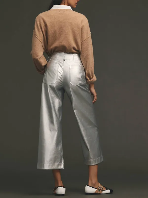 Anthropologie Maeve Women’s The Colette Silver Metallic Wide Leg Pants Size 30 P - Image 6