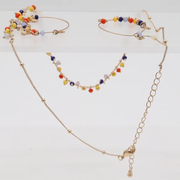 Boho Gold Tone Multi Color Seed Bead Necklace and Hoop Earring Jewelry Set - Image 3