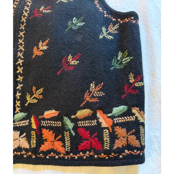 Vintage Chrysantheme Vest Womens Size M Wool Cotton Black Autumn Folk Art Zip Up - Image 7