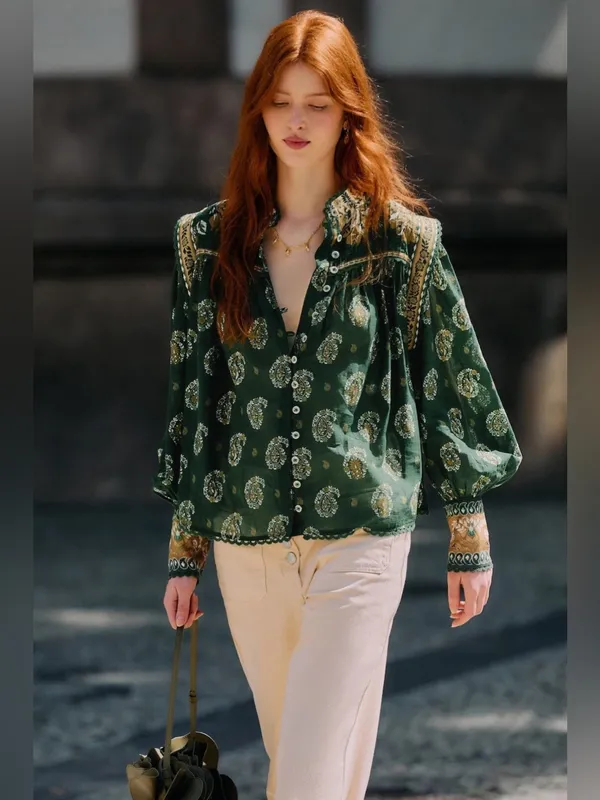 Farm Rio Green Tayla Lace Buttoned Puff Sleeve Blouse S - Image 8
