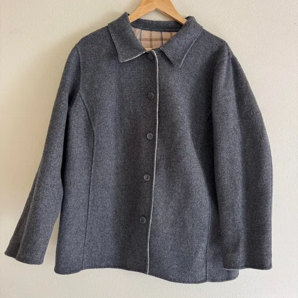 Pendleton Merino Wool Reversible Plaid Grey Preppy Button Up Coat Size 1X - Image 7