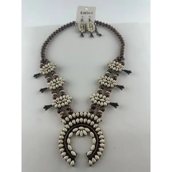 EMMA Southwestern White Stone & Copper Squash Blossom Necklace and Earring Set - Image 3