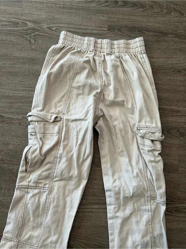 RSQ Wide Leg Baggy Pants Womens Medium Ecru Cargo Elastic Waist Cotton Utility - Image 9
