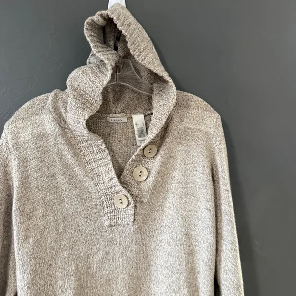 Liz & Co Womens Oatmeal Marled Knit Hoodie Henley Sweater Large Beige‎ Pullover - Image 4