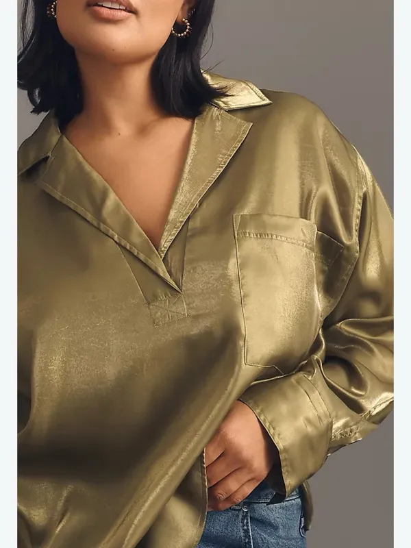 Pilcro Anthropologie Large Olive Green Satin Blouse Oversized OB1786712 - Image 2