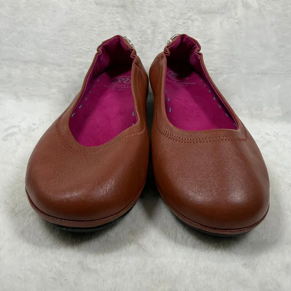 Soto Massini Milano Cognac Brown Leather Ballet Flats Silver Padlock Heel Sz9-10 - Image 3
