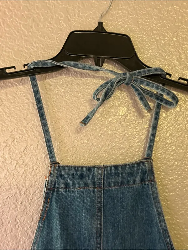 Forever 21 Denim Button Front Distressed Cropped Overalls Jumpsuit M - Image 11