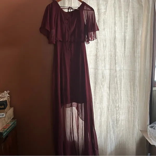 Jenny Packham Flutter Sleeve Luxe Chiffon Hi-Low Formal Dress‎ Cabernet NWT 2 - Image 7