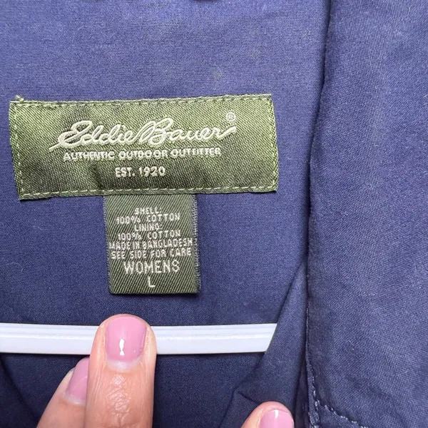 Eddie Bauer Womens Lightweight‎ Trench Coat Jacket Button Belted Navy Blue Large - Image 4