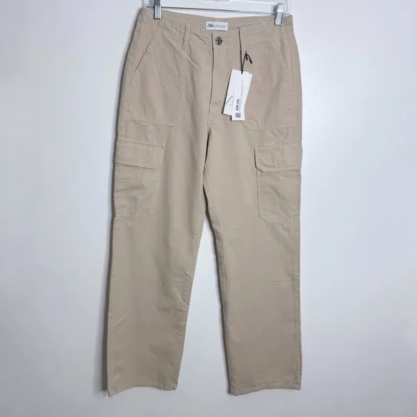 NWT Zara Straight Leg Cargo Pants Cream Neutral Size 6 Minimalist Casual 90s‎ - Image 2