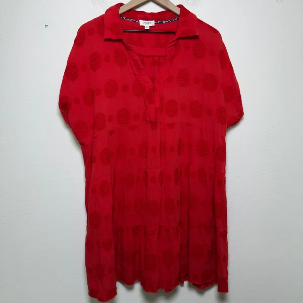 Umgee Womens 100% Cotton Dress Large Red Polka Dot Tiered Short Sleeve Boho‎ - Image 2