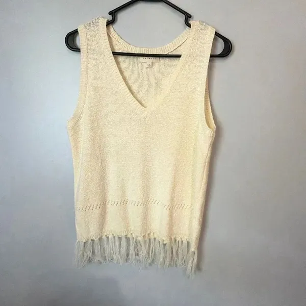 Promesa Women’s Large Ivory Knit Sweater Vest Fringe Hem Boho V-Neck Tank Top #1 - Image 2