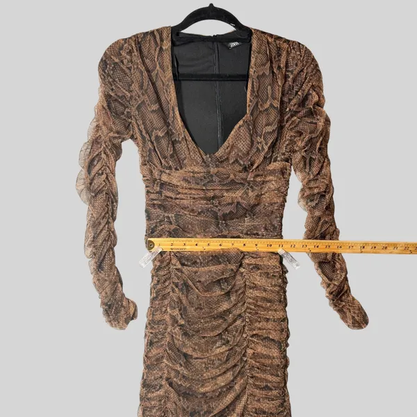 Zara Womens XS Brown Snakeskin Ruched Mesh V-Neck Mini Bodycon Dress NWT - Image 7