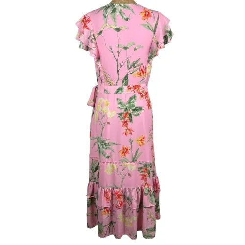 Gibson Latimer Pink Tropical Floral Midi‎ Dress Ruffle Flutter Sleeve Size 6 - Image 4