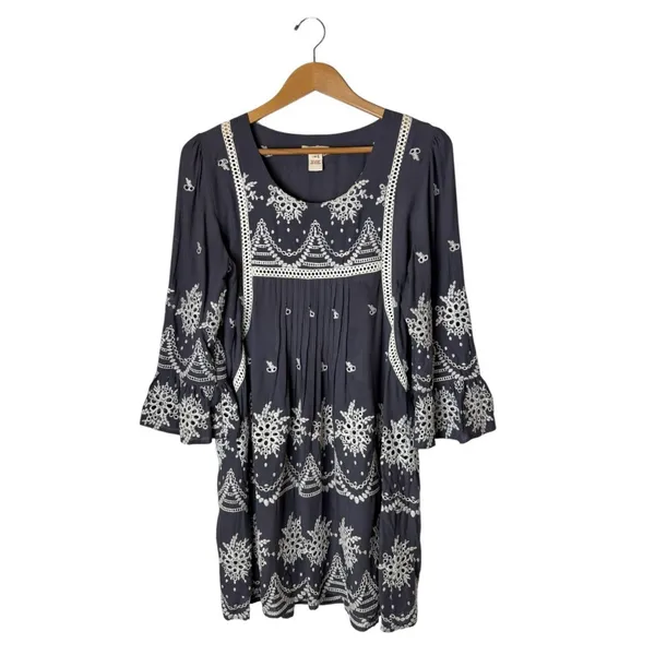 Sundance Embroidered Mini Dress Women Medium Gray Boho Eyelet Bell Sleeve - Image 2