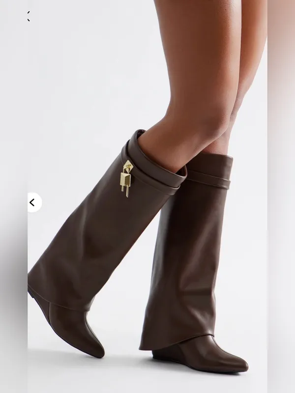 Cape Robbin Leather Knee High Boots Brown Gold Hardware Designer Style - Image 2