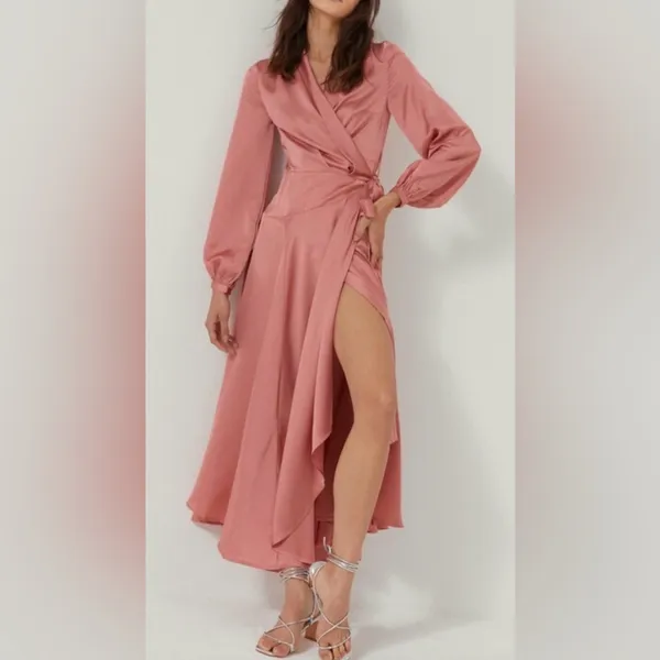 NWT! Nasty Gal Satin Long Sleeve Maxi Wrap Dress Size 6 - Image 9