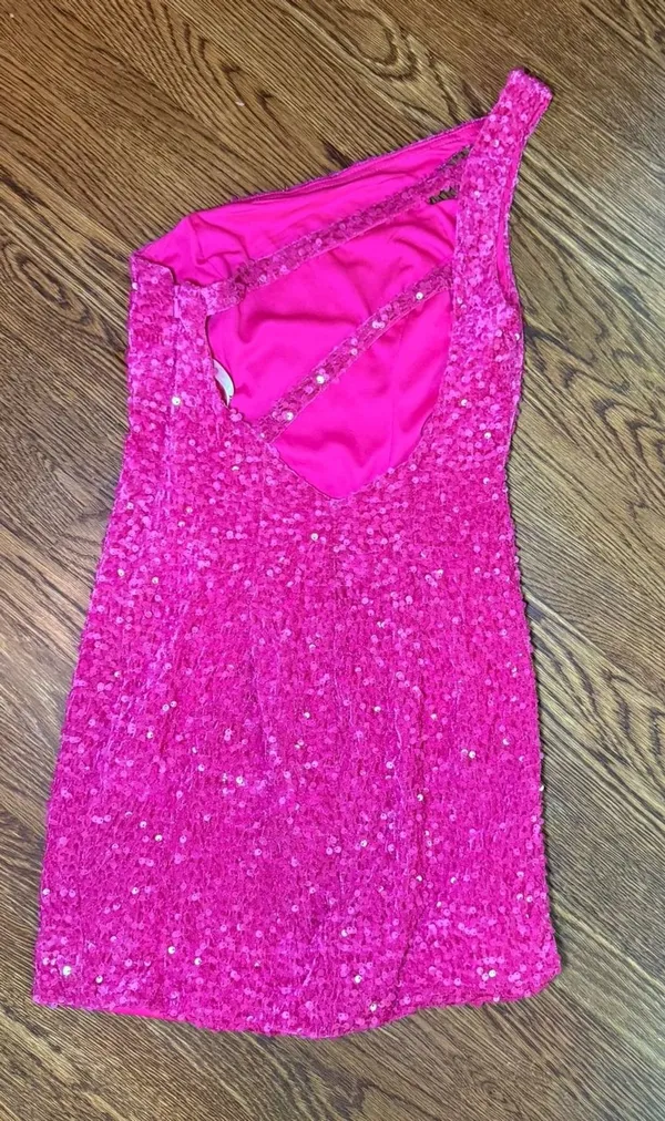 Loyeloy Bright Pink Sequin One-Shoulder Mini Dress - Image 2