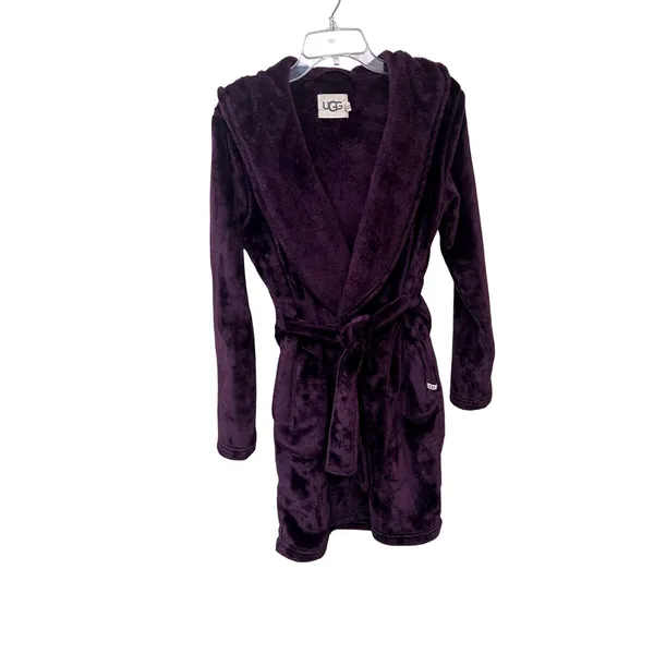 UGG Womens Purple Plush Hooded Robe Soft Fleece Belted Bathrobe Small - Image 15