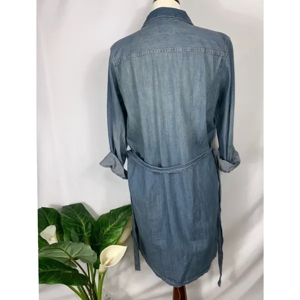 Universal Threads Blue Faded Button Down Raw Hem Belted Denim Casual Dress Small - Image 6