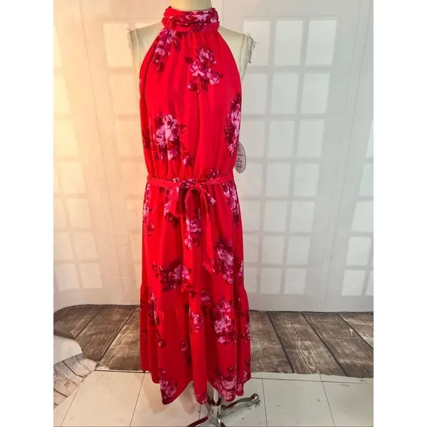 Scoop NWT Red Floral Halter Neck Tie Waist Sleeveless Maxi Dress Size XL - Image 2