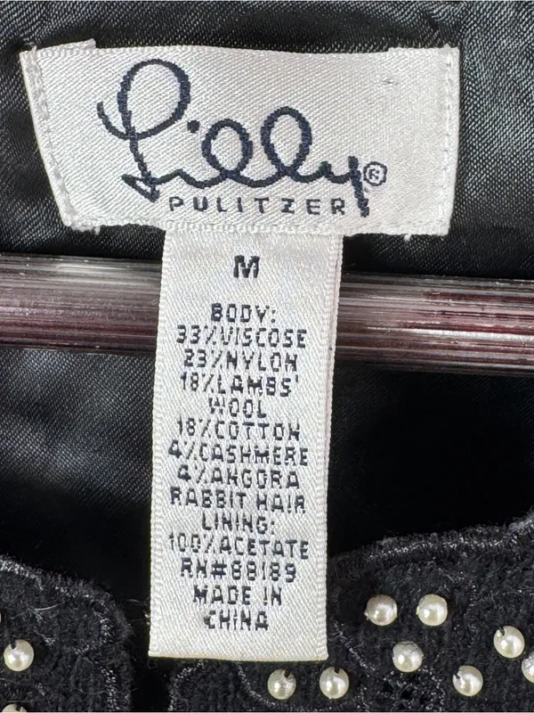 Vintage Lilly Pulitzer Embroidered Pearl Bead Crop Cardigan Sweater Black Medium - Image 8