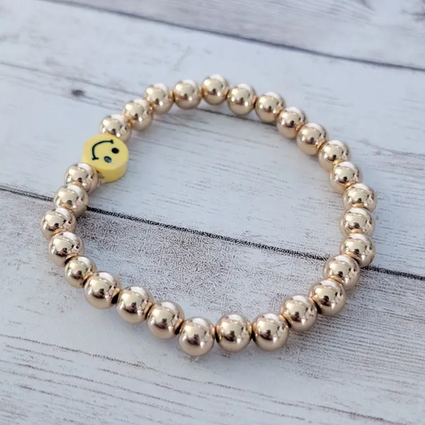 Gold Tone Stretch Bracelet with Yellow Smiley Face - Happy Theme - Image 3