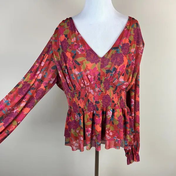 DR2 Babydoll Blouse Womens XL Smocked‎ Waist Peplum Stretch Floral Peasant Boho - Image 12