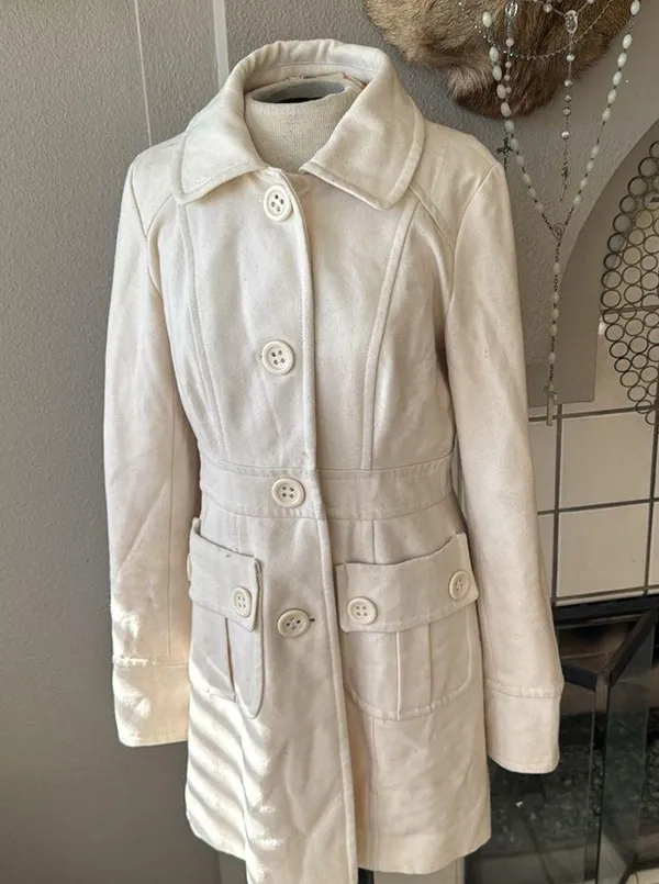 Tulle Peacoat medium Ivory Wool Blend Long Jacket Old Money Career Button-Up - Image 6
