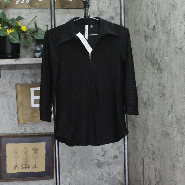 NWT Ny Collection Womens Petite 3/4 Sleeve Honeycomb Half Zip Shirt Top Black PM - Image 2