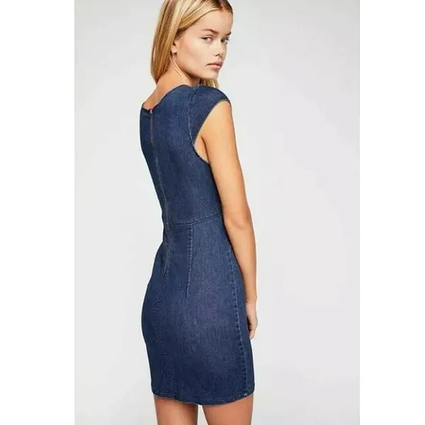 Free People Denim Jean Lia Split Neck Cap Sleeve Stretch Mini Bodycon Dress XS - Image 14