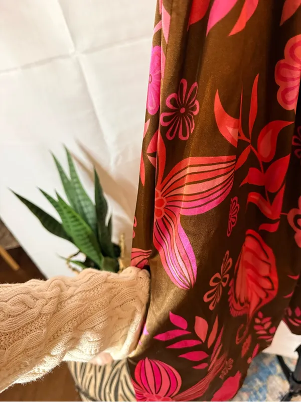 Vintage Y2K Women’s Satin Pink & Brown Floral Halter Dress w/ Beading McBling - Image 5