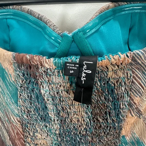 Lulus Juniva Teal Multi Abstract Print Pleated Bustier Midi Dress Cocktail S NWT - Image 9