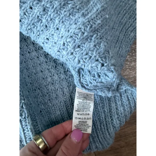Free People Blue‎ Chunky Waffle Knit Oversized Cardigan Sweater Wool Blend XS - Image 4