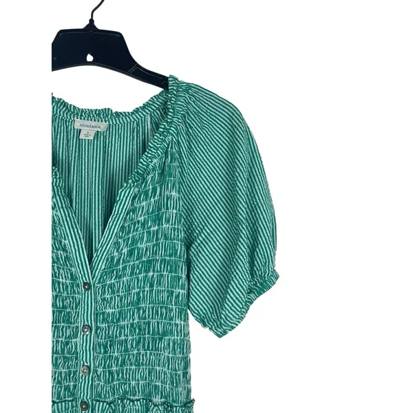 Sundance Smocked Button Maxi Dress S Green White Striped Tiered Cottage Boho - Image 6