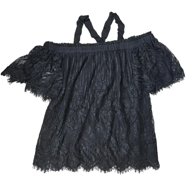 Chelsea 28 Black Lace Off Shoulder Crisscross Neck Ruffle Blouse‎ Top S - Image 3