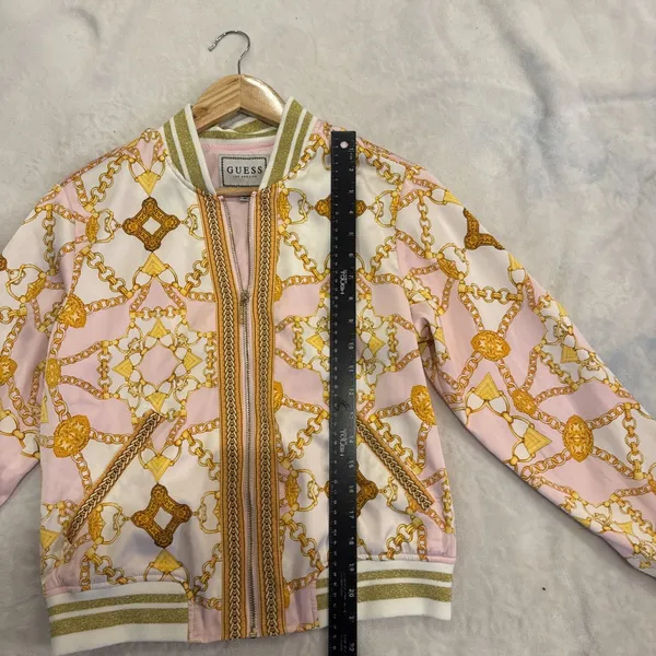 Vintage Guess Italian Maximalist Baroque Bomber Jacket Sz M Gold Chain Pink Zip - Image 10