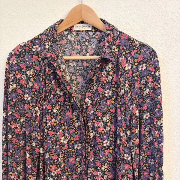 Natural Life Ditsy Floral Shirt Dress M Cottage Crochet Lace Trim Pockets Swing - Image 3