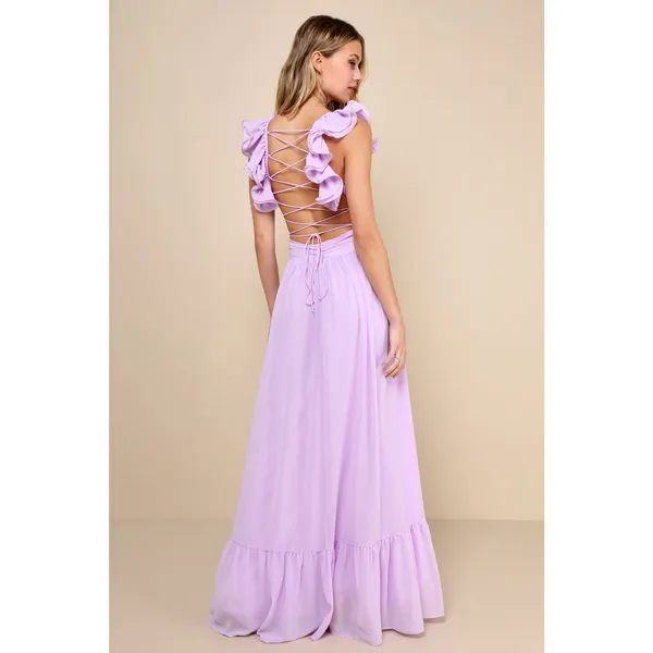 NWT Lulus Soiree Celebration Lilac Ruffled Lace-Up Maxi Dress Wedding Bride Sz S - Image 3