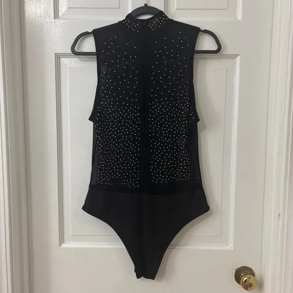 Black Mesh Rhinestone Sheer Bodysuit L Club Going Out Festival Sparkly Glam - Image 3