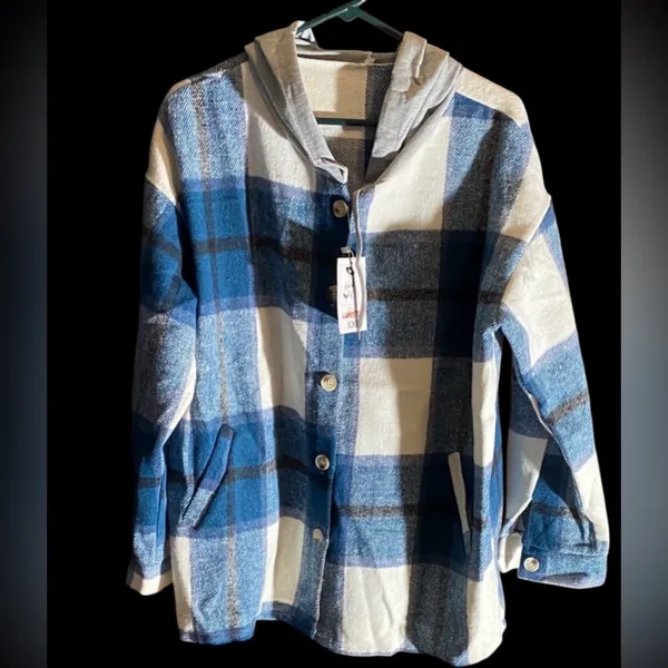 Blue and White Plaid Women's Hoodie - Image 3