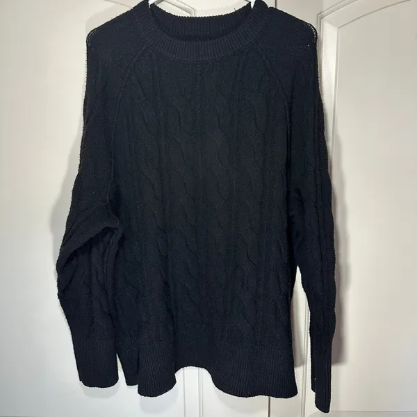 Aerie Oversized Happy Place Cable Sweater Knit Tunic‎ Soft Cozy Black Womens M - Image 2
