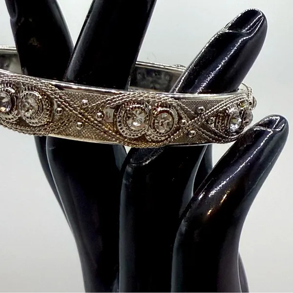 Silver Toned Rhinestone Bangle Bracelet - Image 3