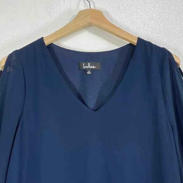 LULUS Shifting Dears Navy‎ Blue Chiffon Cold Shoulder Long Sleeve Shift Dress - Image 7