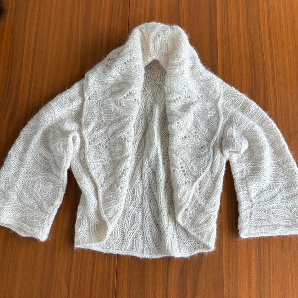 Handmade Cable Knit Shawl Collar Shrug Cardigan S Cream Boho Coastal Chic Preppy - Image 2