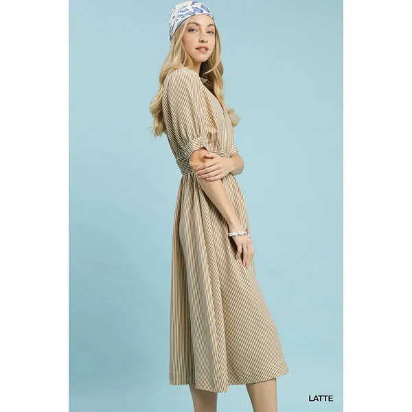 Umgee Striped Midi Dress with Front Zipper - Latte - Small - Image 2