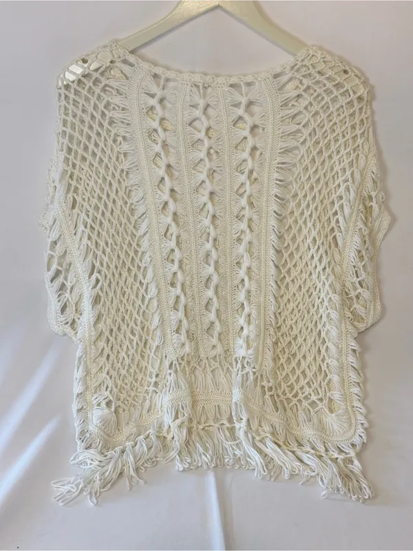 Garage Womens Crochet Top M/L White Fringe Boho Open Knit Festival Beach Hippie - Image 4